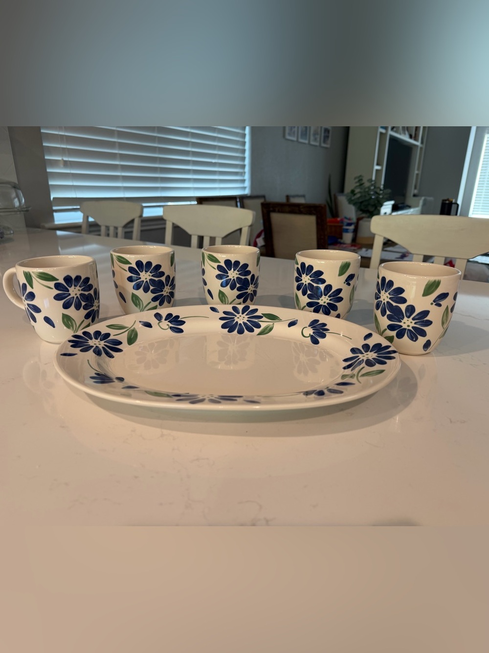 Blue Floral Ceramic Serving Platter and Cups - White and Blue Dining Set